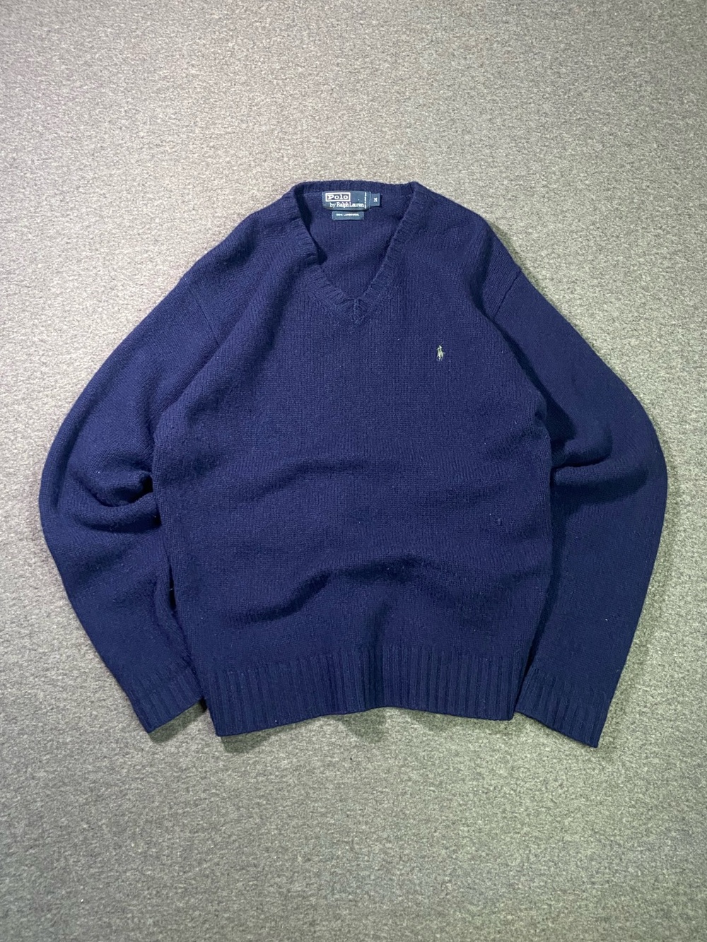 Polo Ralph Lauren 100% Lambswool V-Neck Sweater Mens M Navy Blue Green Pony